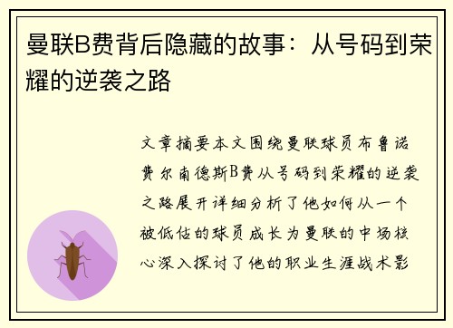 曼联B费背后隐藏的故事：从号码到荣耀的逆袭之路